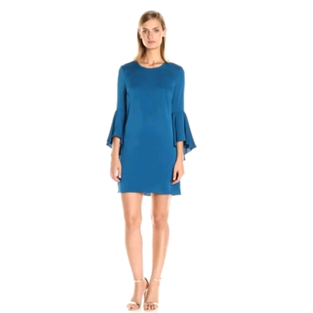 NWT $425.00 MILLY Women's 92% Silk Mini Dress Teal Flare Sleeves Size 2 XS